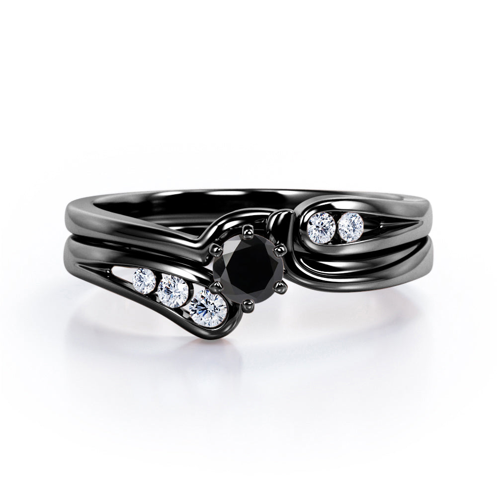 Mini Channel Design 0.5 TCW Round Cut Black Diamond Six-Prong Bridal Ring Set in Rose Gold