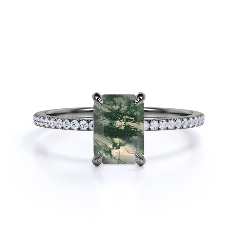 Pave 1.50 Carat Emerald Cut Moss Agate Engagement Ring