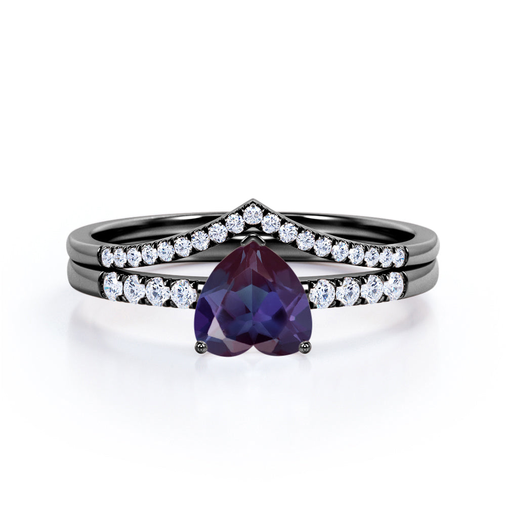 Pave Set 1.35 Carat Heart Shaped Lab Created Alexandrite And Diamond V Style Wedding Ring Set In White Gold