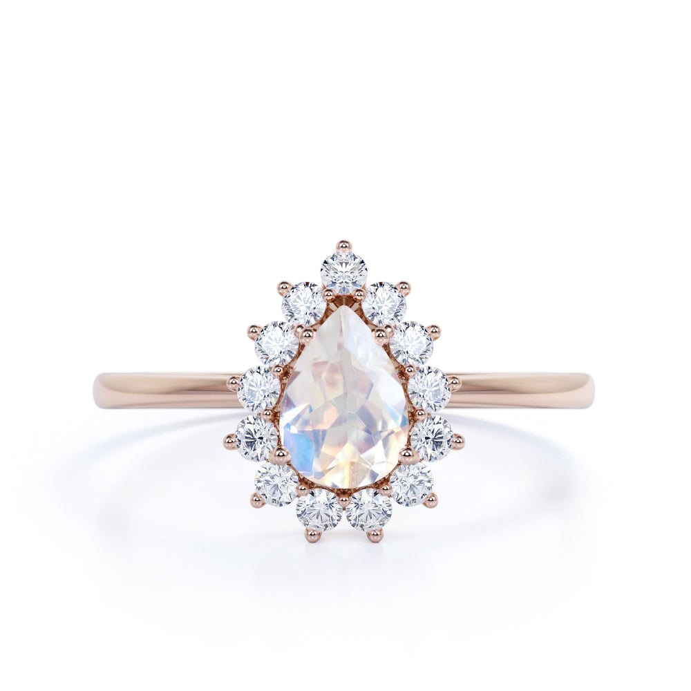 Snowflake Style 1.50 Carat Teardrop Shape Blue Moonstone and Diamond Cluster Engagement Ring in White Gold