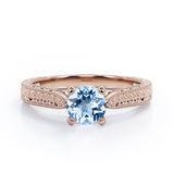 Antique Art Deco 1 Carat Round Cut Aquamarine Four Prong Solitaire Engagement Ring In Rose Gold
