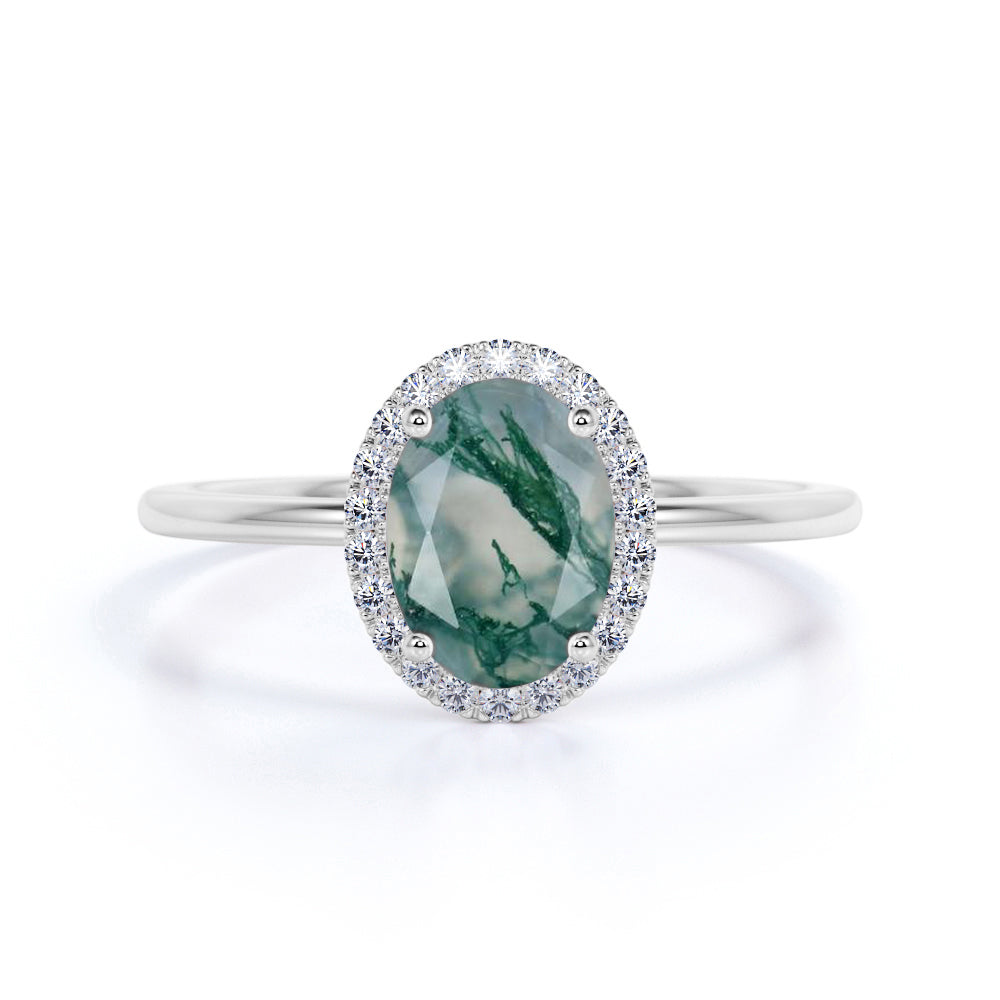 Modern Simple Solitaire 1.75 Carat Oval Cut Cloudy Milky White Moss Green Agate and Diamond Halo Engagement Ring in Rose Gold for Her