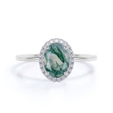 Modern Simple Solitaire 1.75 Carat Oval Cut Cloudy Milky White Moss Green Agate and Diamond Halo Engagement Ring in Rose Gold for Her