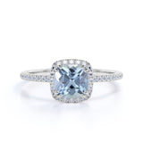 1.25 ct Cushion Aquamarine Halo Pave Engagement Ring