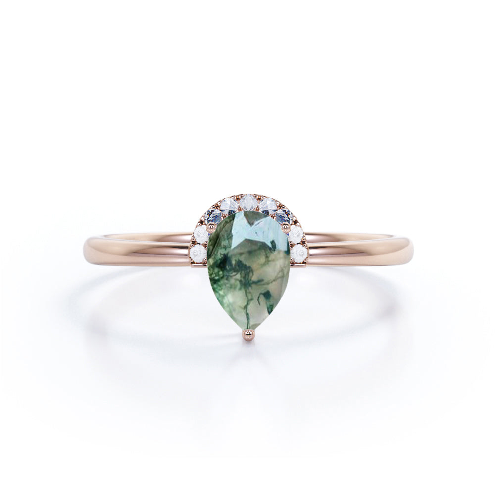 Lovely Half Bezel 1.50 Carat Teardrop Shape Banded Moss Green Agate and Diamond Pave Minimalist Engagement Ring