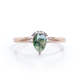 Lovely Half Bezel 1.50 Carat Teardrop Shape Banded Moss Green Agate and Diamond Pave Minimalist Engagement Ring