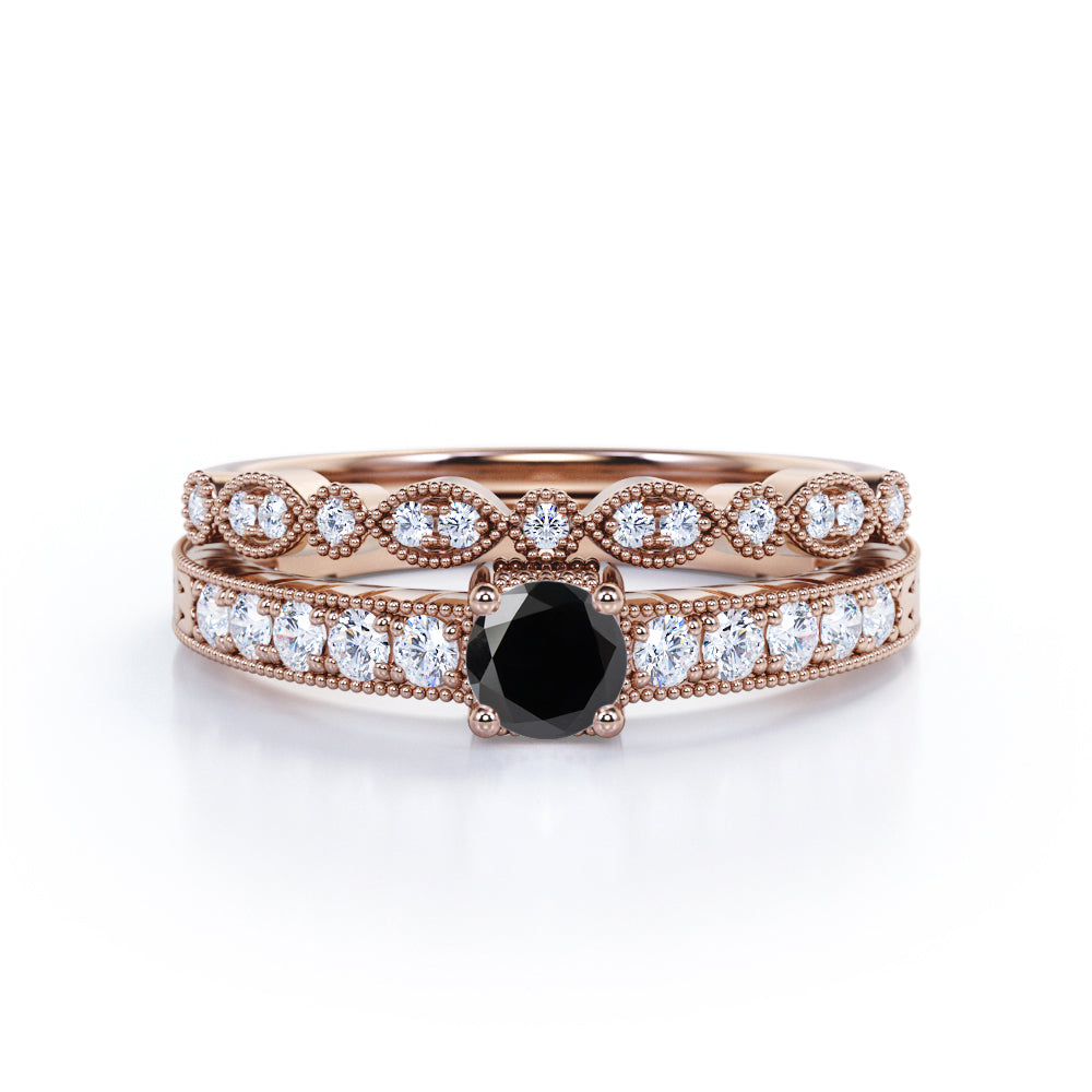 1.25 Carat Round Cut Lab Grown Black Diamond Vintage Milgrain Bridal Set Ring In White Gold