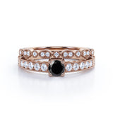 1.25 Carat Round Cut Lab Grown Black Diamond Vintage Milgrain Bridal Set Ring In White Gold