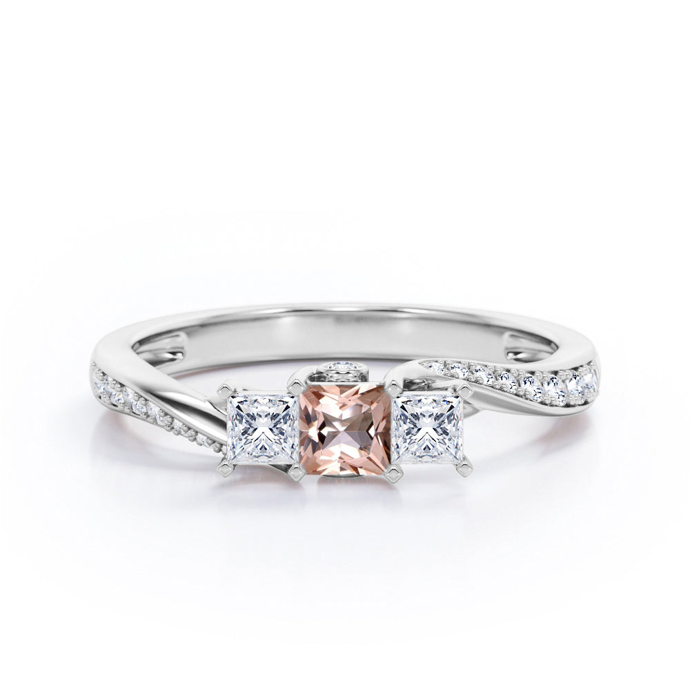 Scale Bridge Accent 0.65 carat Princess Morganite and Moissanite Twisted Wave Engagement Ring in Rose Gold