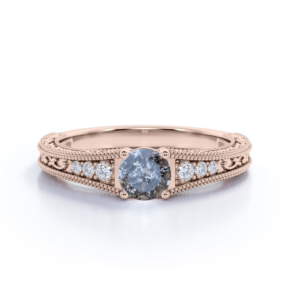 Edwardian 0.60 Ct Round Salt and Pepper Diamond Engagement Ring