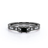1.1 Carat Princess Cut Lab Grown Black Diamond Vintage Milgrain Engagement Ring In White Gold