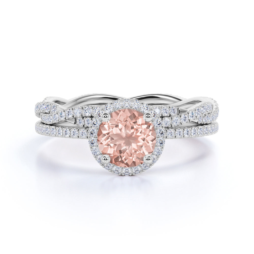2 Carat Round cut Morganite and Diamond antique art deco Wedding Ring set in 10k Rose Gold