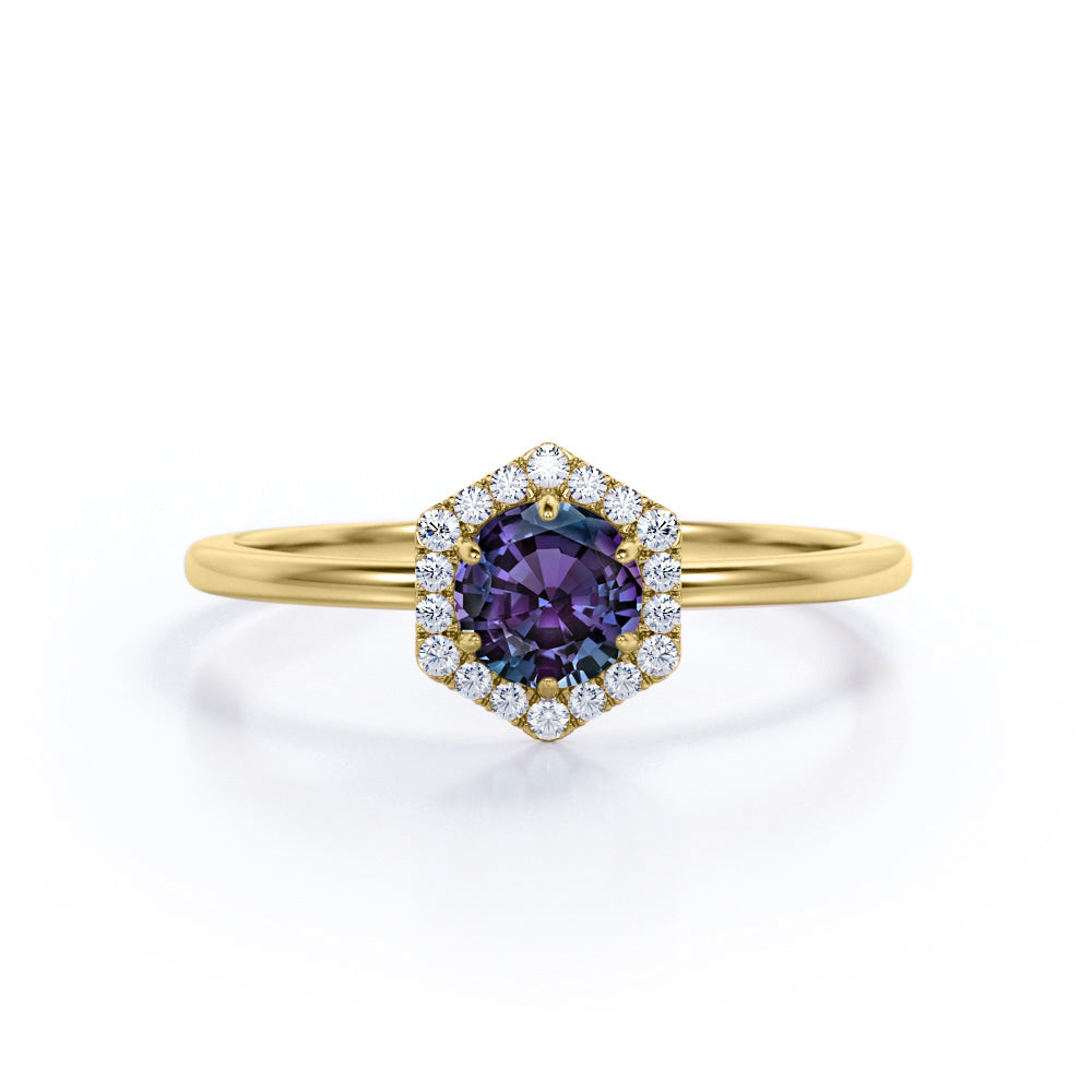 Hexagon Halo 1.15 Carat Round Cut Lab Created Alexandrite And Diamond  Six Prong Engagement Ring In White Gold