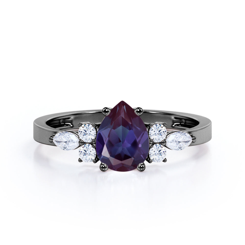 Four Prong Basket Set 1.45 Carat Pear Cut Lab Created Alexandrite  And Diamond  Seven Stone Engagement Ring In White Gold