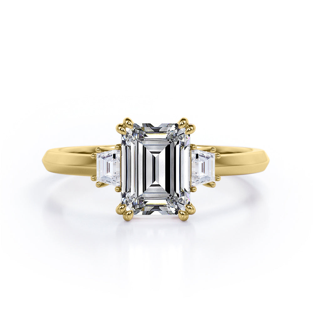 Eight Prongs 1.10 Carat Emerald Cut Moissanite And Diamond Three Stone Engagement Ring In Rose Gold