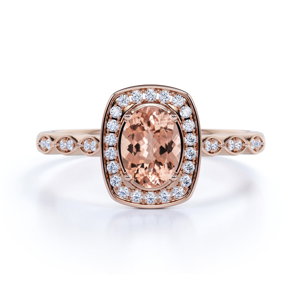 Large 1.50 Carat Elliptical Shape Dark Salmon Morganite and Diamond Art Deco Engagement Ring in White Gold