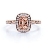 Large 1.50 Carat Elliptical Shape Dark Salmon Morganite and Diamond Art Deco Engagement Ring in White Gold