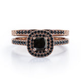 Filigree Scalloped Pave 1.65 TCW Princess Cut Lab Created Black Diamond Double Halo Style Wedding Ring Set in White Gold