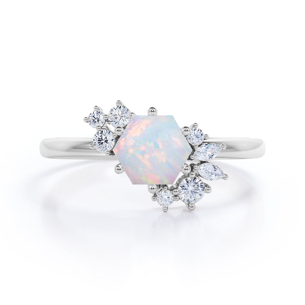 1.35 Ct Hexagon Cut Lab Created Opal Cluster Engagement Ring