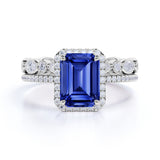 Classic Halo 2.25 Carat Emerald Cut Sapphire and Diamond Wedding Set with Eternity Band in White Gold