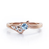 Curved Band - Six Prongs 0.5 carat Round Aquamarine and Moissanite Artistic Engagement Ring in Rose Gold