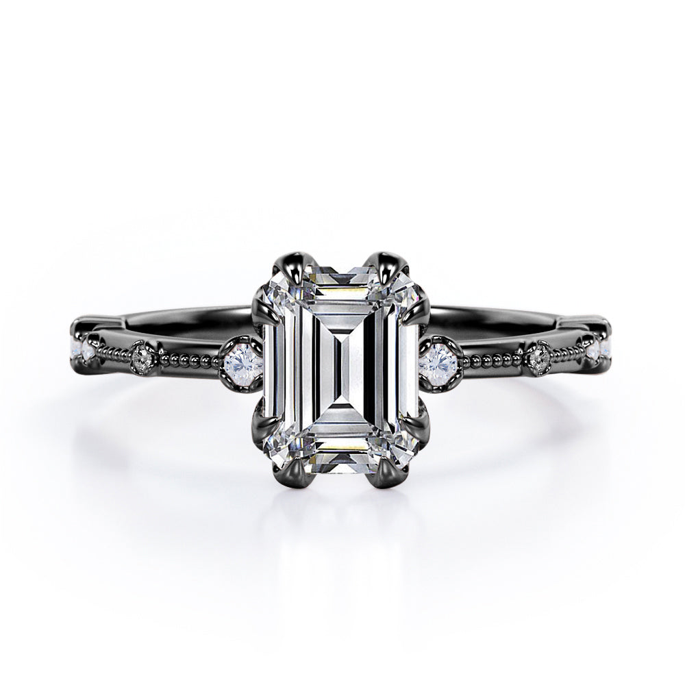 Sharp Eight Claws 1.10 Carat Emerald Cut Moissanite And Diamond Beaded Engagement Ring In Rose Gold