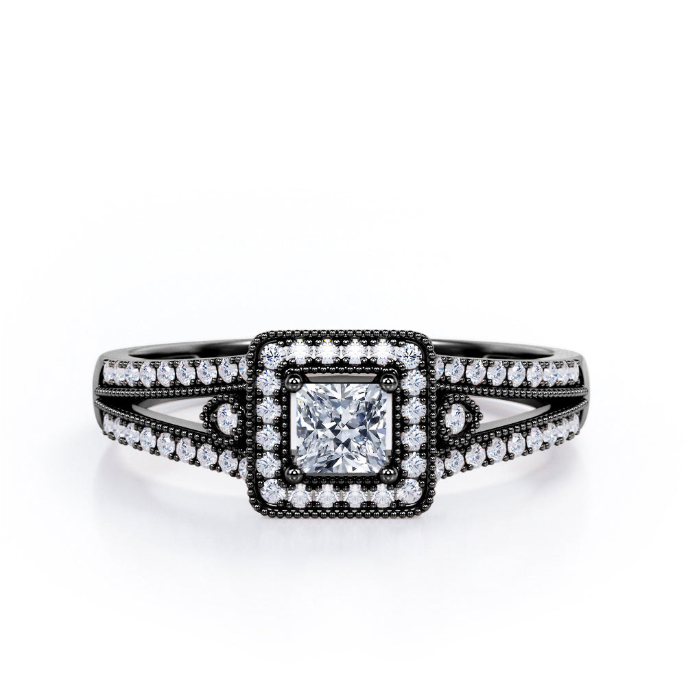 Split-Shanked Pave 1.55 Carat Princess Cut Moissanite and diamond Milgrain-Bordered Halo Engagement Ring in White Gold