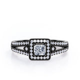 Split-Shanked Pave 1.55 Carat Princess Cut Moissanite and diamond Milgrain-Bordered Halo Engagement Ring in White Gold