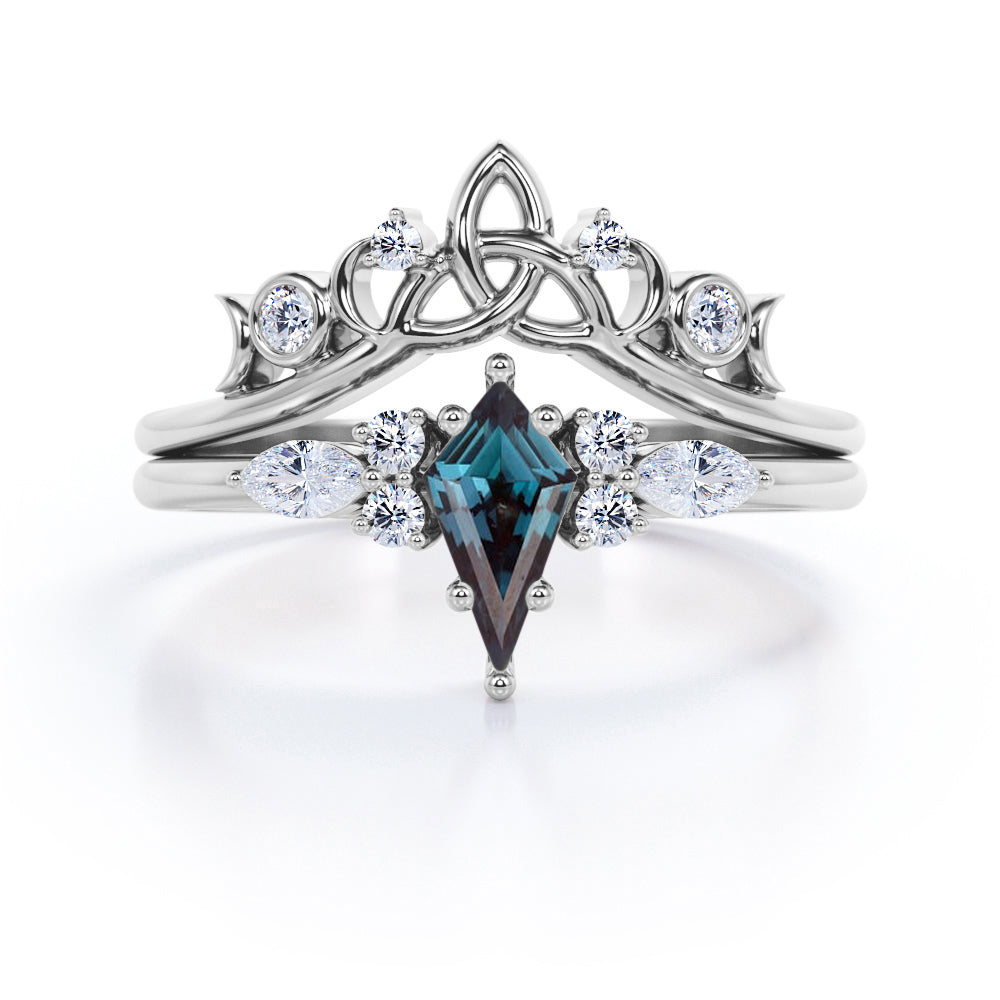 Asymmetric 1.35 Carat Kite Shaped Lab Created Alexandrite and diamond Seven Stone Tiara Style Wedding Ring Set In White Gold