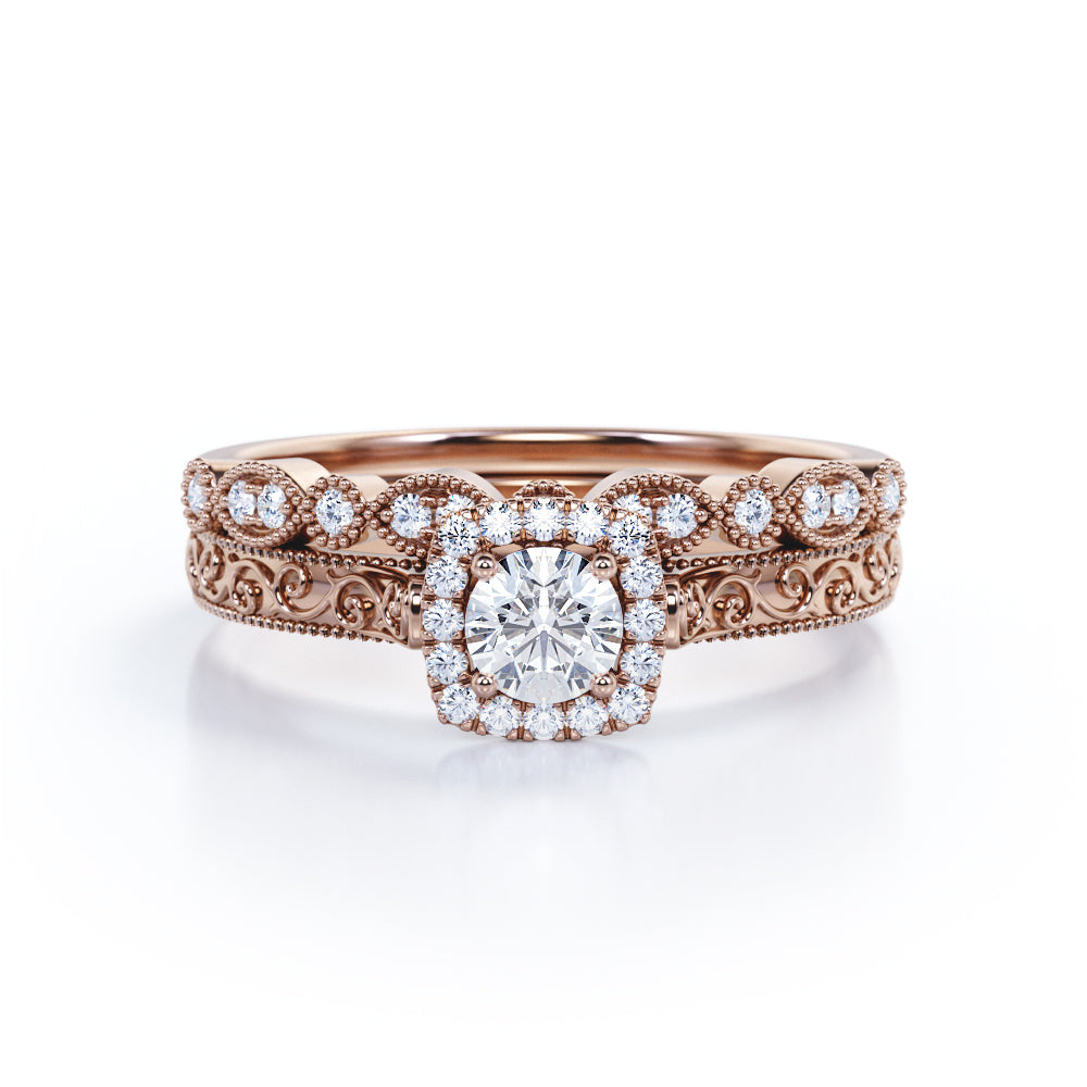 0.55 Carat Round Cut Diamond Antique Art Deco Bridal Set In White Gold