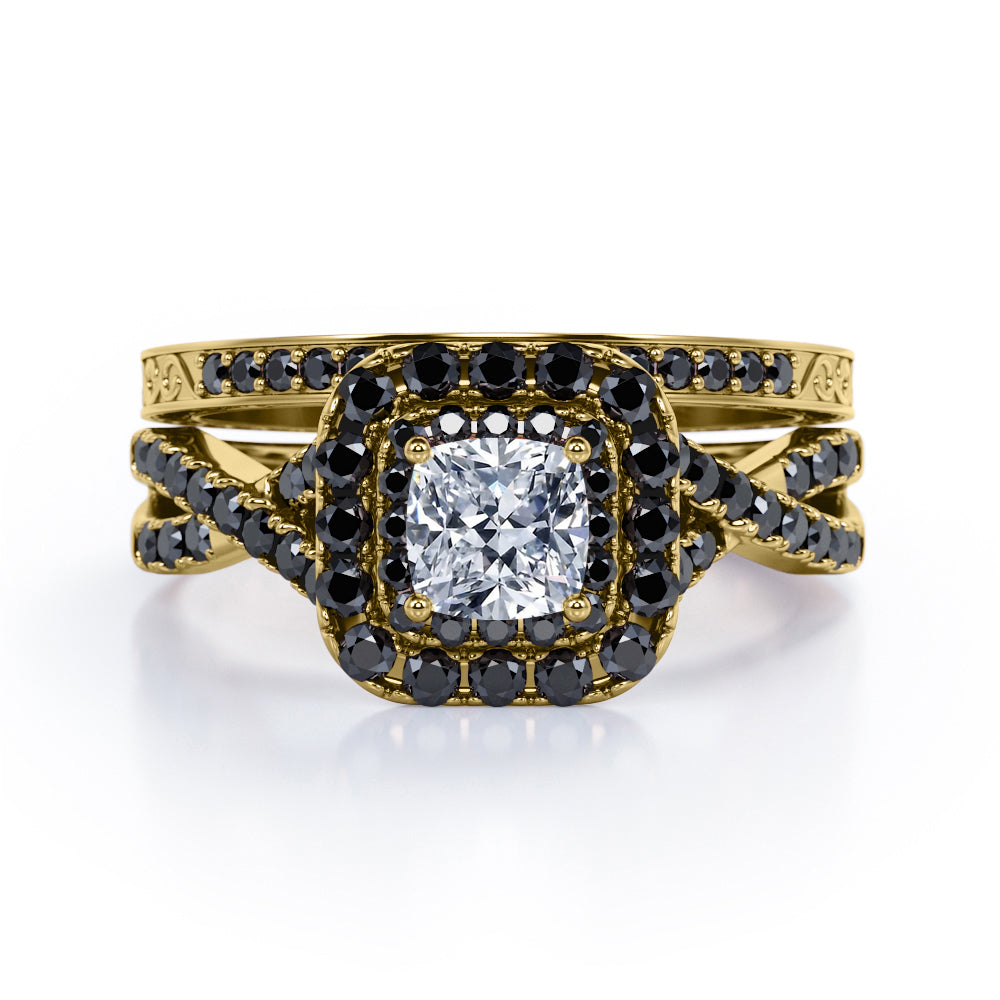 Filigree Twisted Pave 1.75 TCW Princess Cut Moissanite with Lab Created Black Diamond Rounded Square Double Halo Bridal Set in Rose Gold