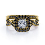 Filigree Twisted Pave 1.75 TCW Princess Cut Moissanite with Lab Created Black Diamond Rounded Square Double Halo Bridal Set in Rose Gold