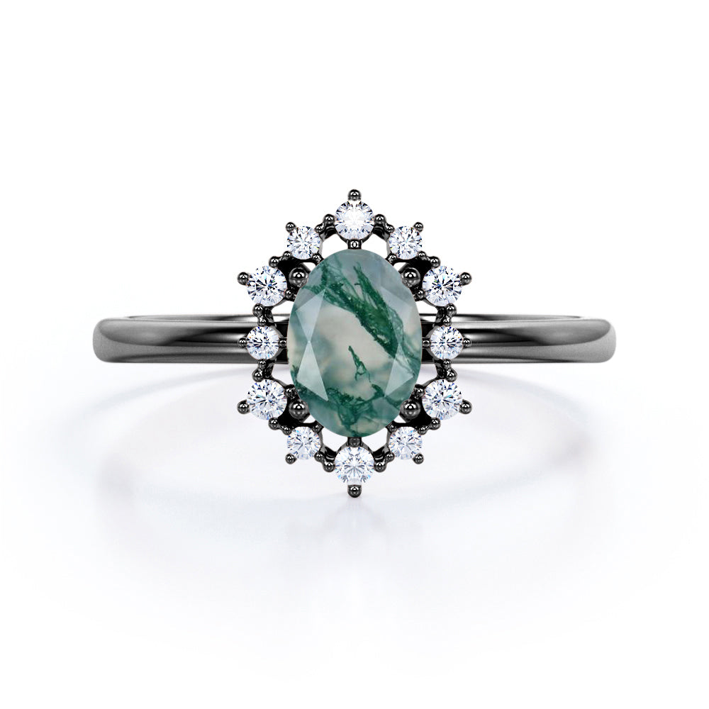 Unique 0.6 carat Oval Moss Agate and Moissanite Floating Halo Engagement Ring in White Gold