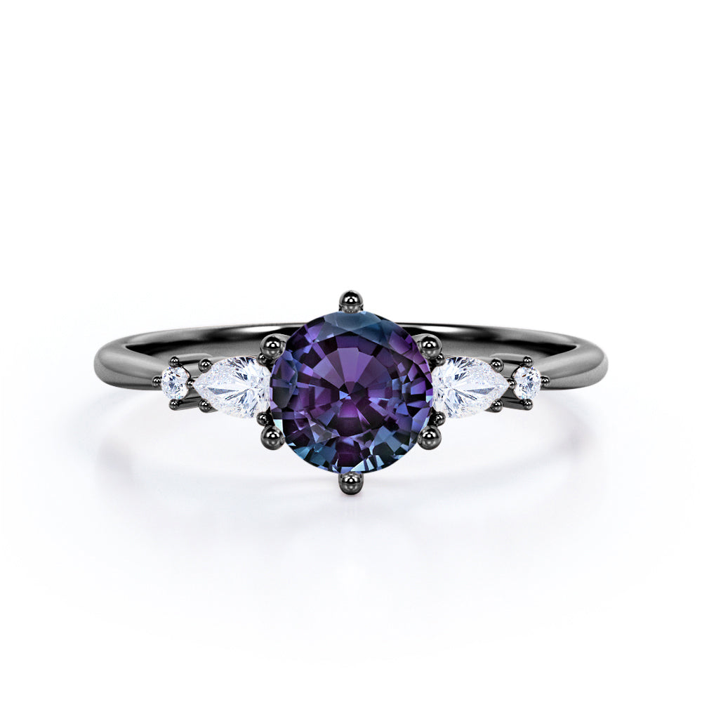 Tapered Six Prong 1.20 Carat Brilliant Round Cut Lab Created Alexandrite And Diamond Five Stone Engagement Ring In White Gold