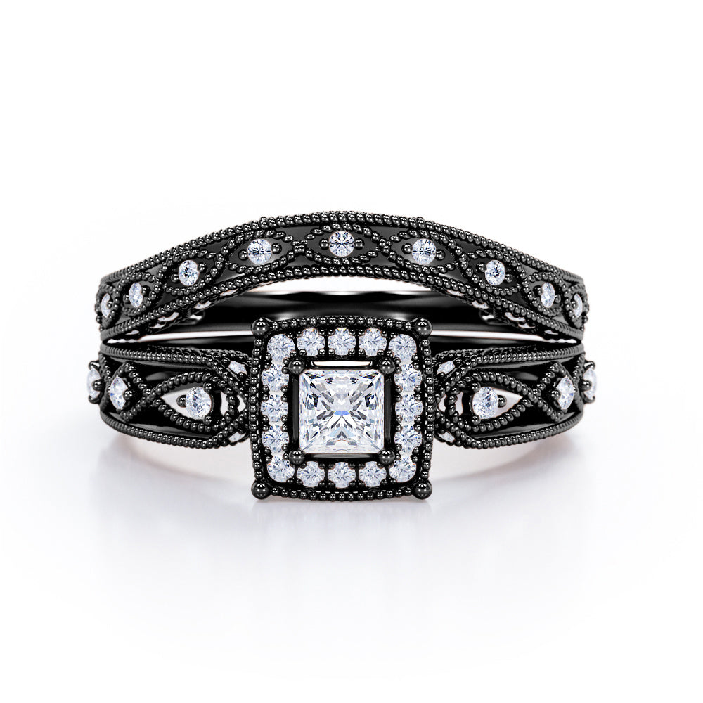 Rope Milgrain Decorated 0.65 TCW Princess Cut Diamond Halo-Channel Bridal Ring Set in 10K White Gold