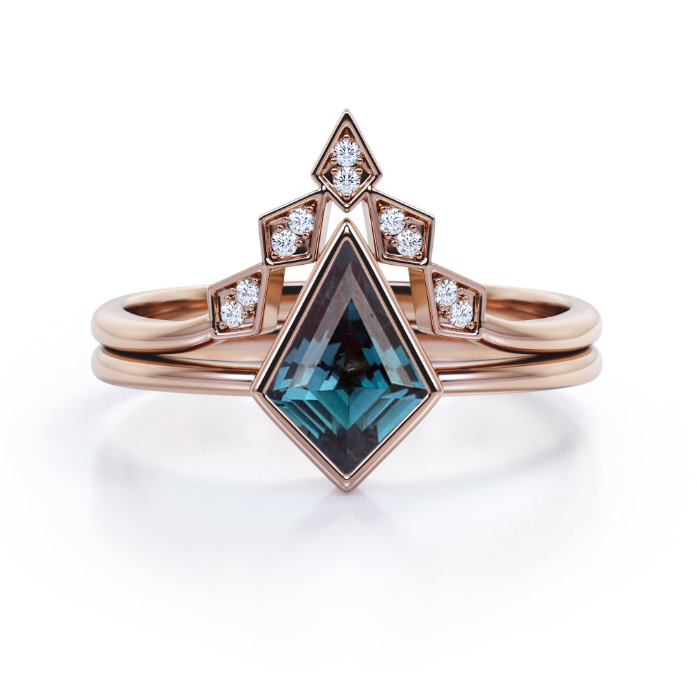 Minimalist 1.15 Carat Kite Shaped Lab Created Alexandrite And Diamond Bezel Set V Style Wedding Ring Set In White Gold