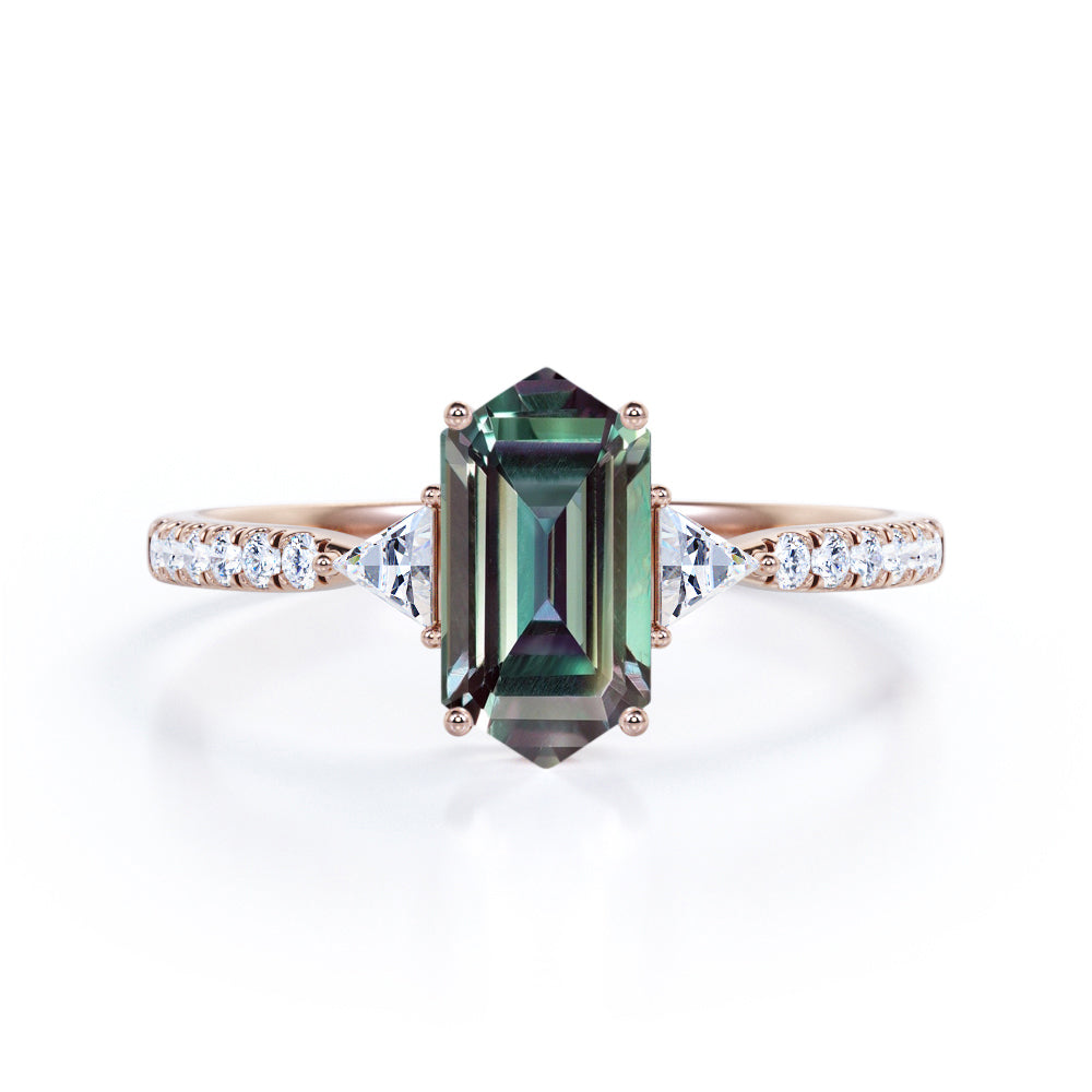 Asymmetric 1.45 Carat Hexagon Shaped Lab Created Alexandrite And Diamond Basket Set Pave Engagement Ring In White Gold