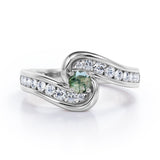 Spinning 0.7 carat Round Green Moss Agate and Moissanite Channel Engagement Ring in White Gold