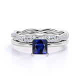 Plain Shank 2 Carat Princess Cut Sapphire Bridal Set with Diamond Infinity Wedding Band in White Gold