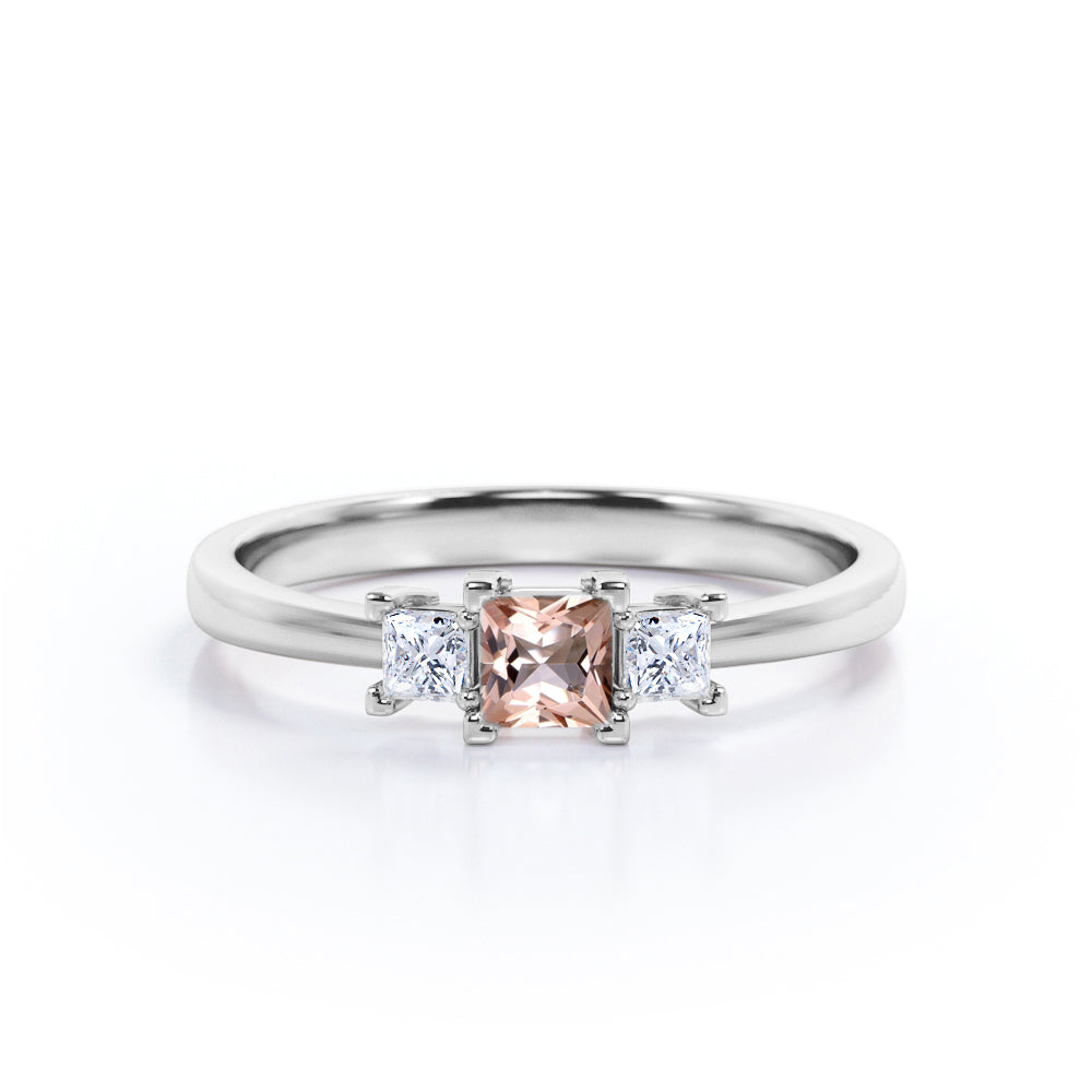 Trio Stones 1 carat Princess Morganite and Moissanite Engagement Ring in Rose Gold