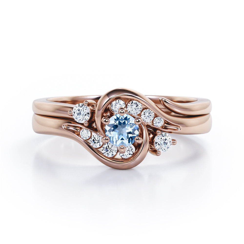 6 Prong Tension Design - 0.55 TCW Round Shaped Aquamarine and Moissanite - Flush Chanel Wedding Ring Set -  Black Gold