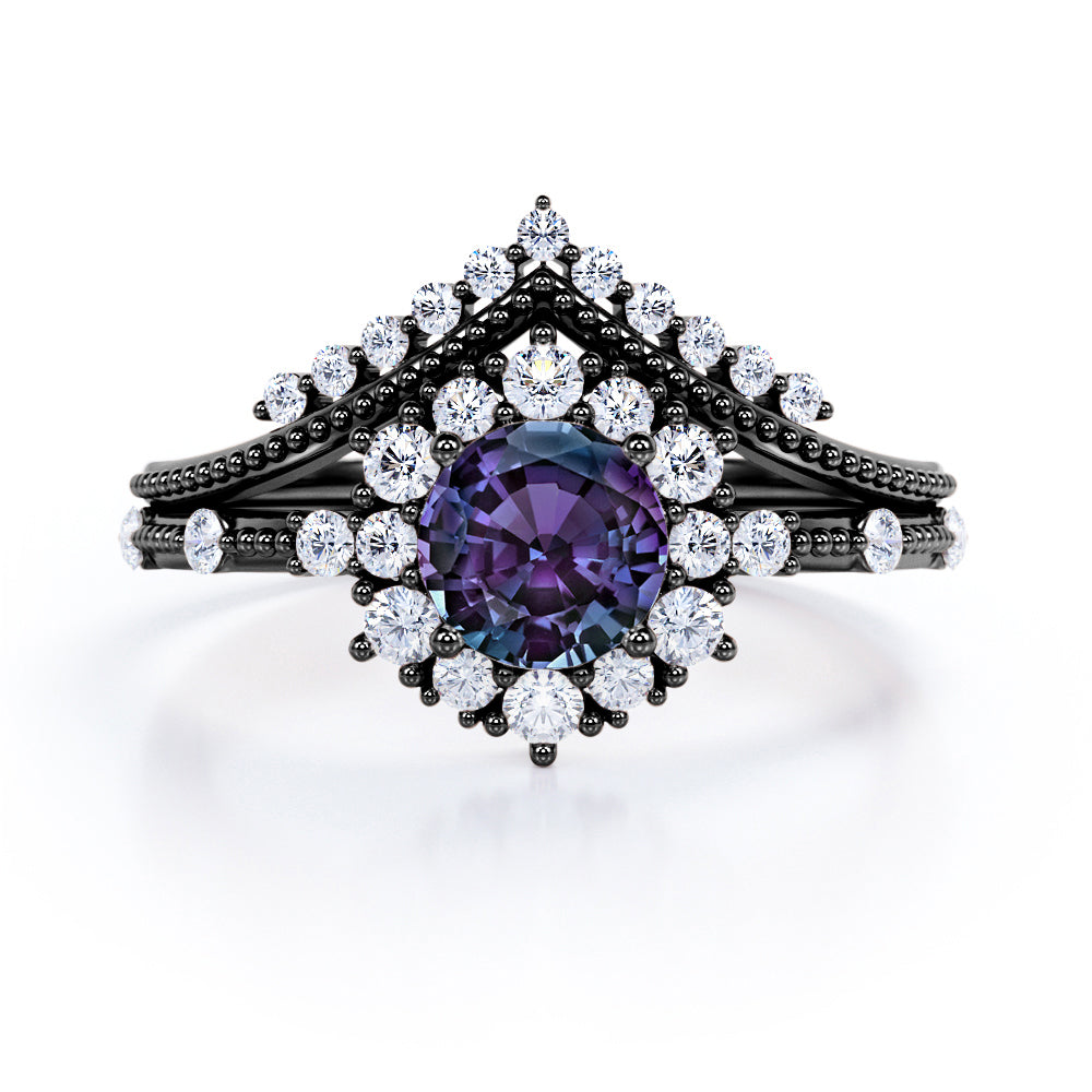 Tiara 1.40 Ct Round Lab Alexandrite Vintage Bridal Set