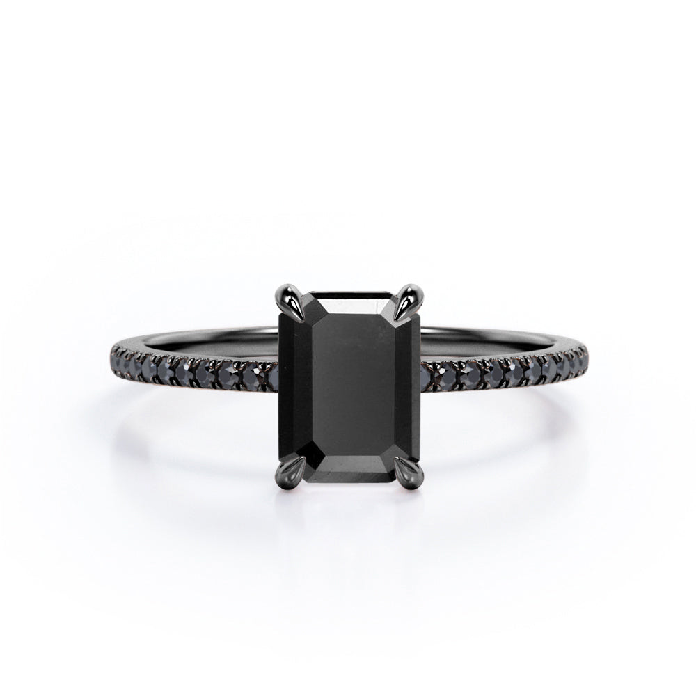 1.25 ct Emerald Lab Black Diamond Pave Engagement Ring