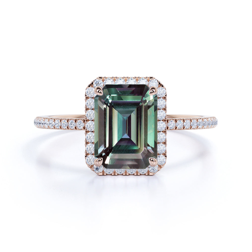 Flawless Halo 1.50 Carat Emerald Cut Lab Created Alexandrite and Diamond Pave Engagement Ring
