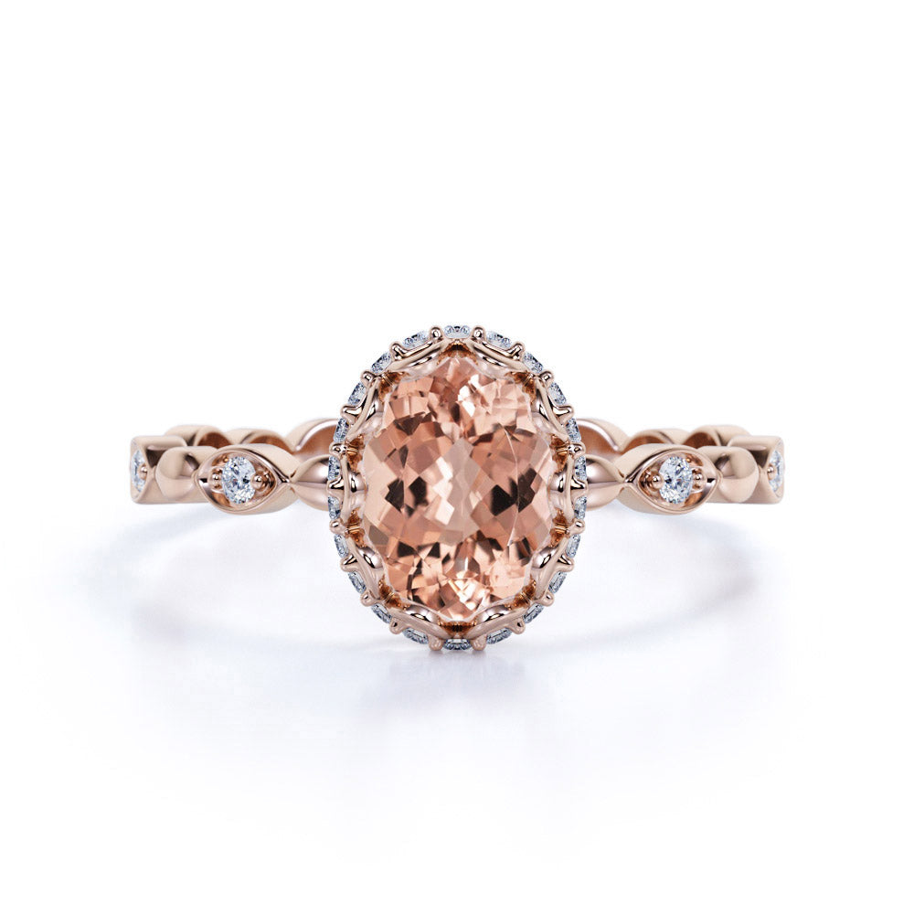 Twist Curl 1.50 Carat Ovoid Shape Dark Morganite and Diamond Halo Huge Engagement Ring in White Gold