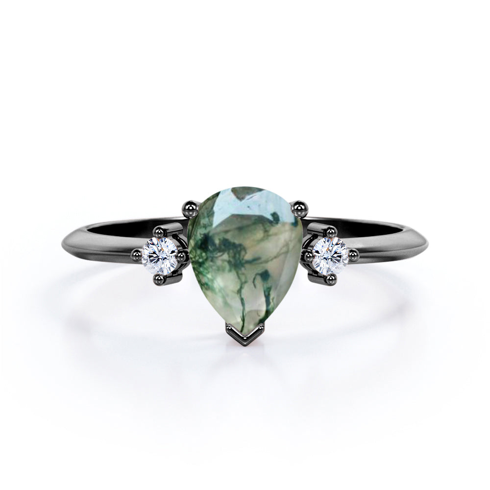 Special Gift - Trilogy 0.6 carat Pear Green Moss Agate and Moissanite Engagement Ring in White Gold