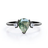 Special Gift - Trilogy 0.6 carat Pear Green Moss Agate and Moissanite Engagement Ring in White Gold