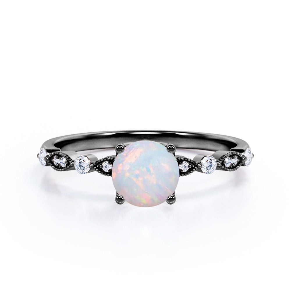 Vintage Inspired 1.25 Carat Round Cut White Fiery Opal And Diamond Four Prong Art Deco Style Engagement Ring In Rose Gold