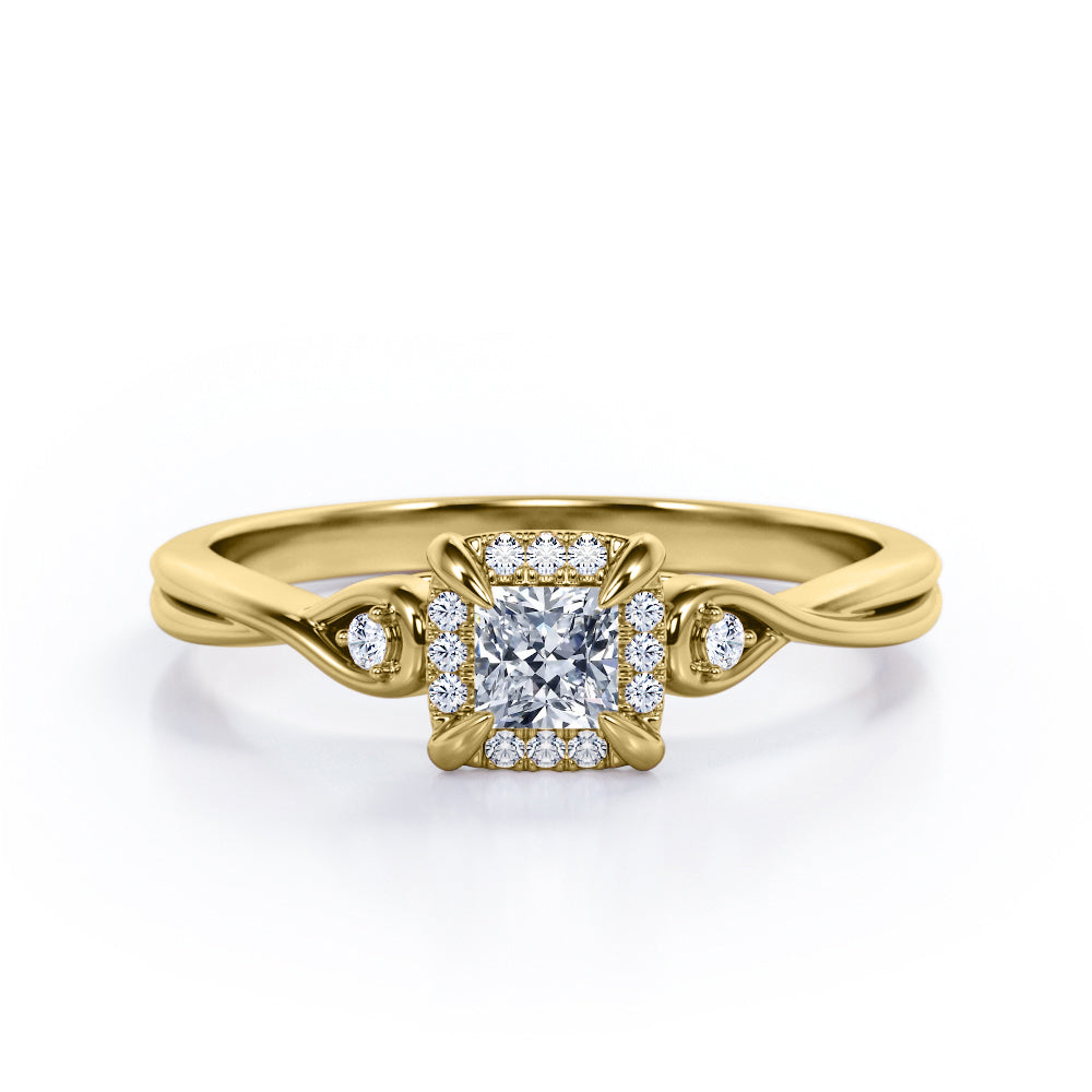 Prong and Halo 0.6 carat Princess Moissanite and Diamond Twisted Shank Engagement Ring in Rose Gold