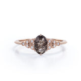 Nature Inspired Leaf Design 1.75 Carat Oval Cut Genuine Black Brown Rutilated Quartz and Diamond Milgrain Art Deco Engagement Ring